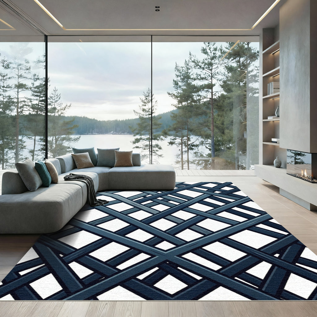 Modern Charcoal Intersecting Diagonal Grid Rug