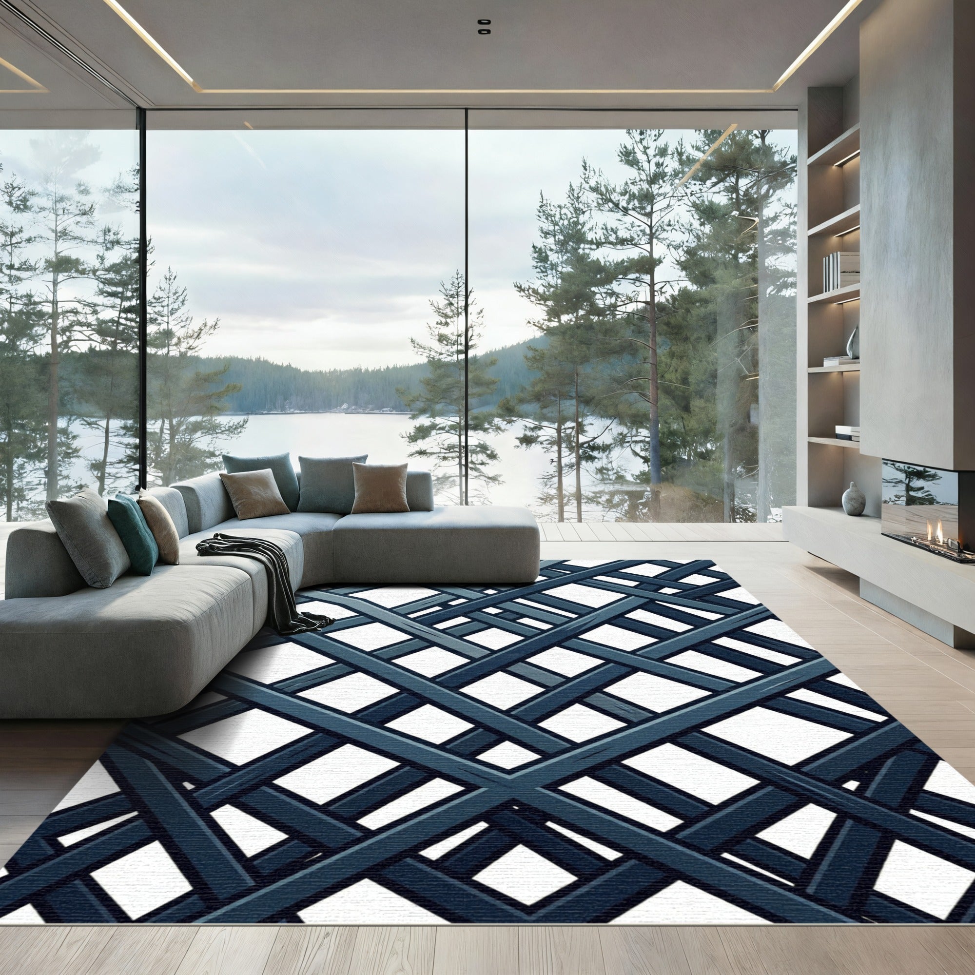 Modern Charcoal Intersecting Diagonal Grid Rug
