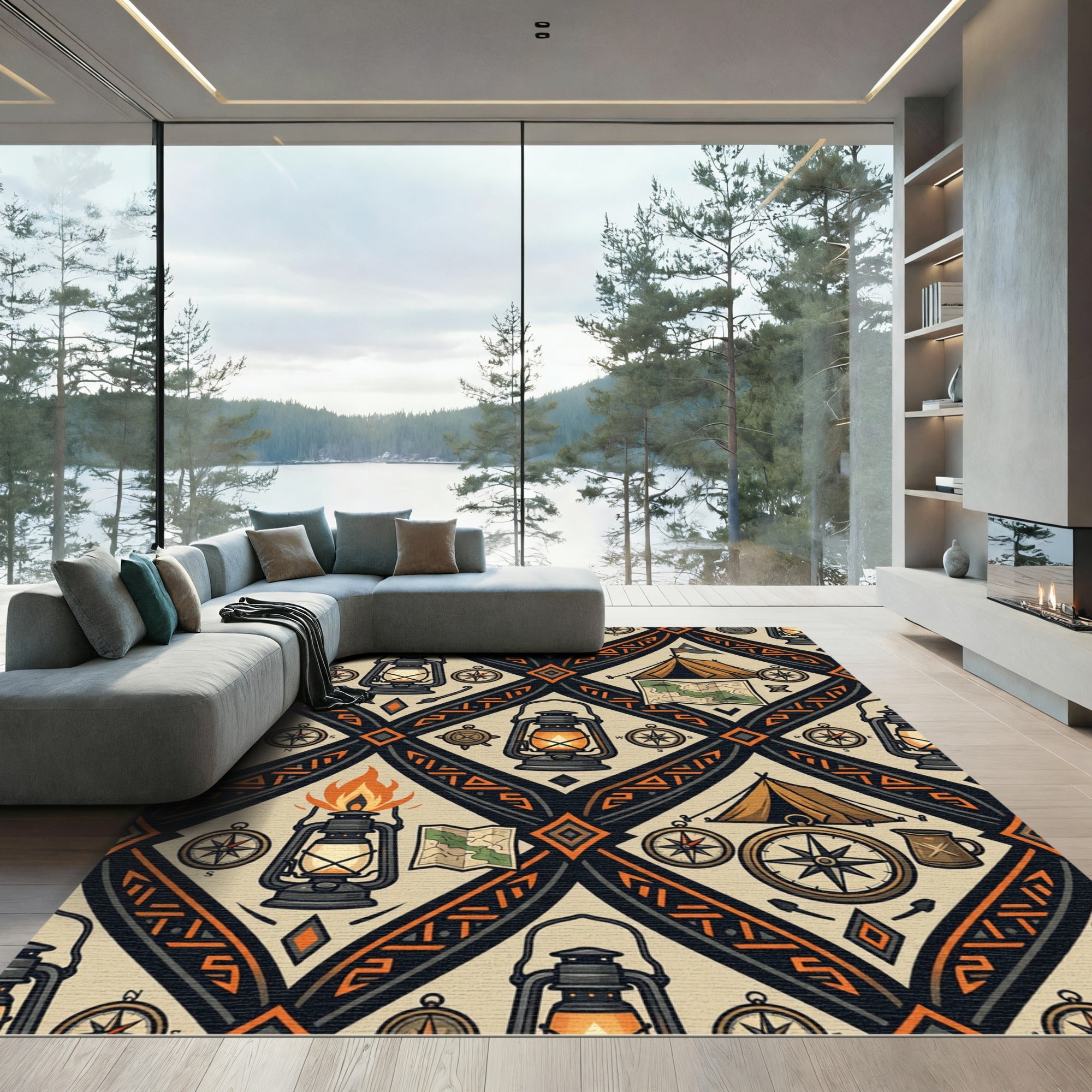 Adventure Lantern Compass Camping Diamond Tapestry Rug