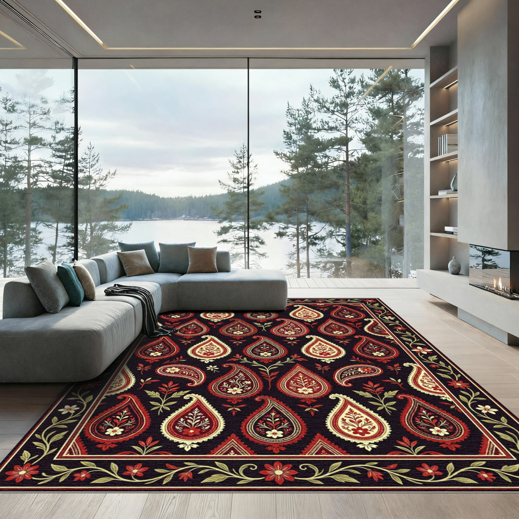 Rich Red Cream Paisley Floral Border Rug