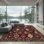 Rich Red Cream Paisley Floral Border Rug