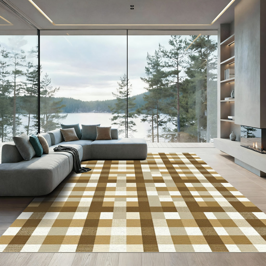 Earthy Brown Checkerboard Grid Rug