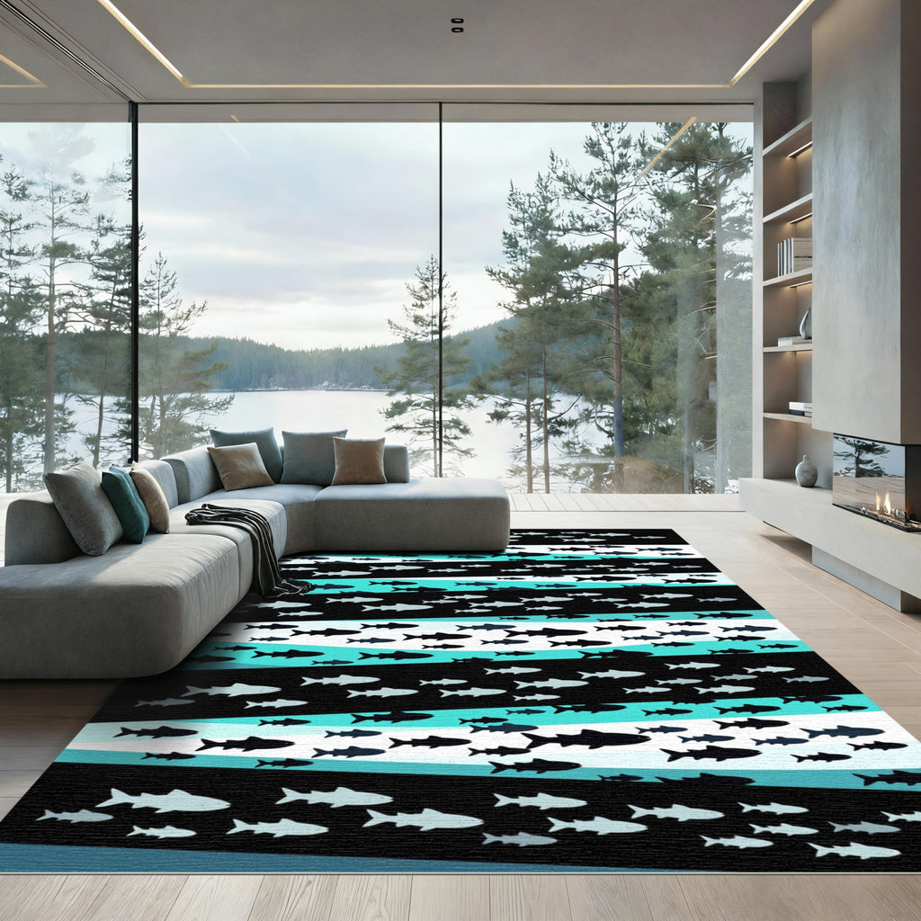 Schooling Fish Black Teal Stripes Rug