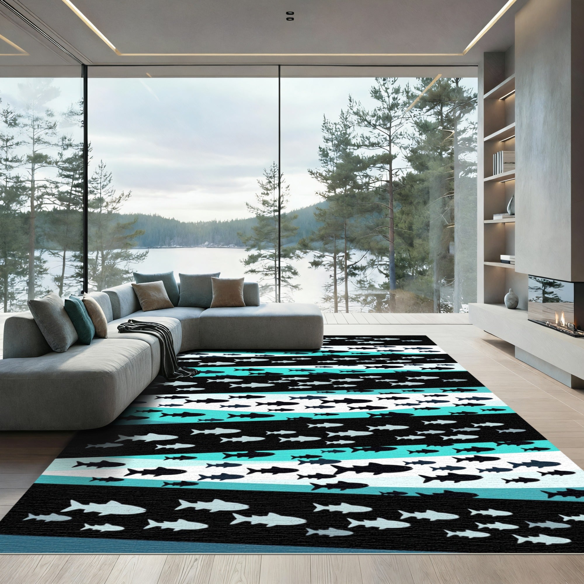 Schooling Fish Black Teal Stripes Rug