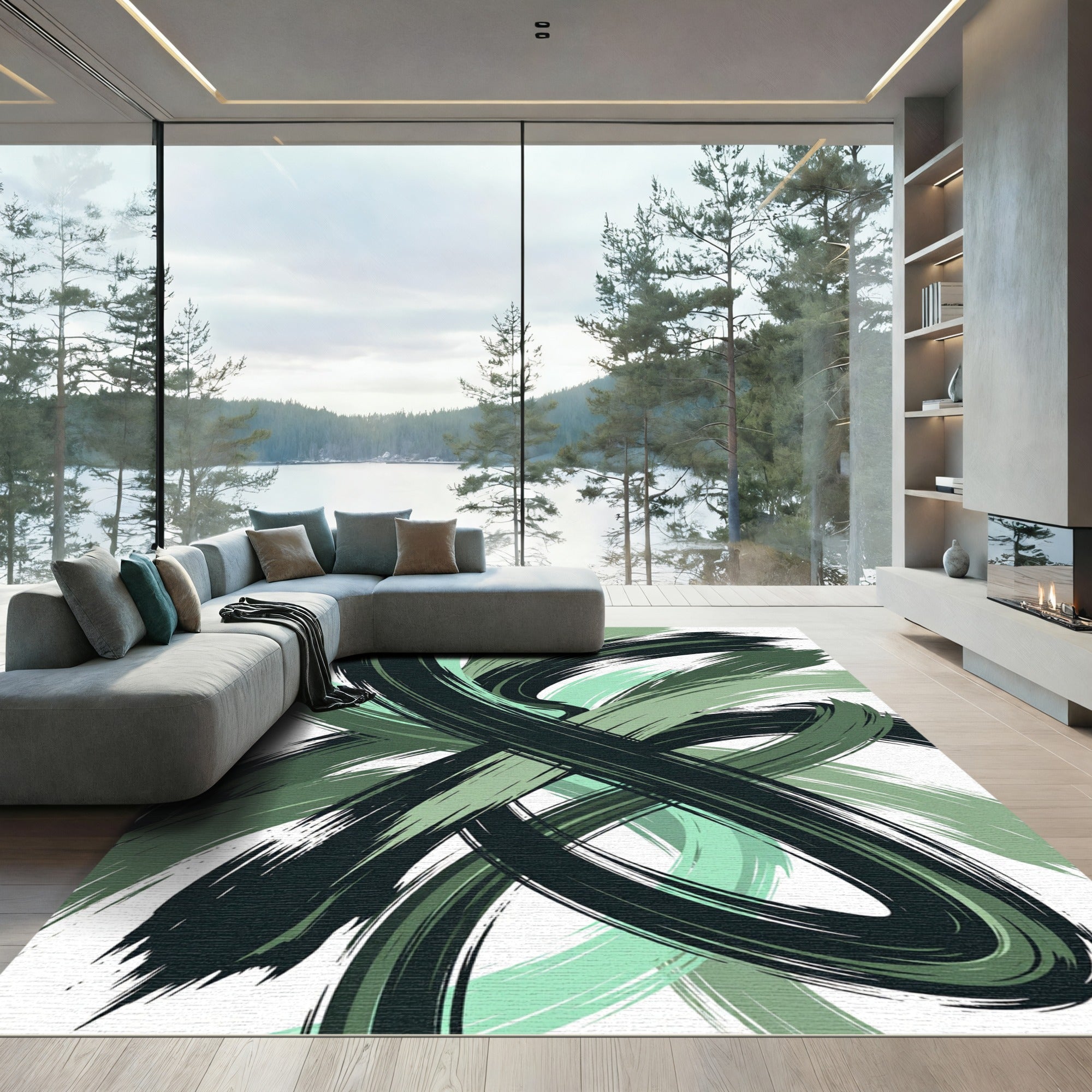 Green Swirl Brushstroke Abstract Rug
