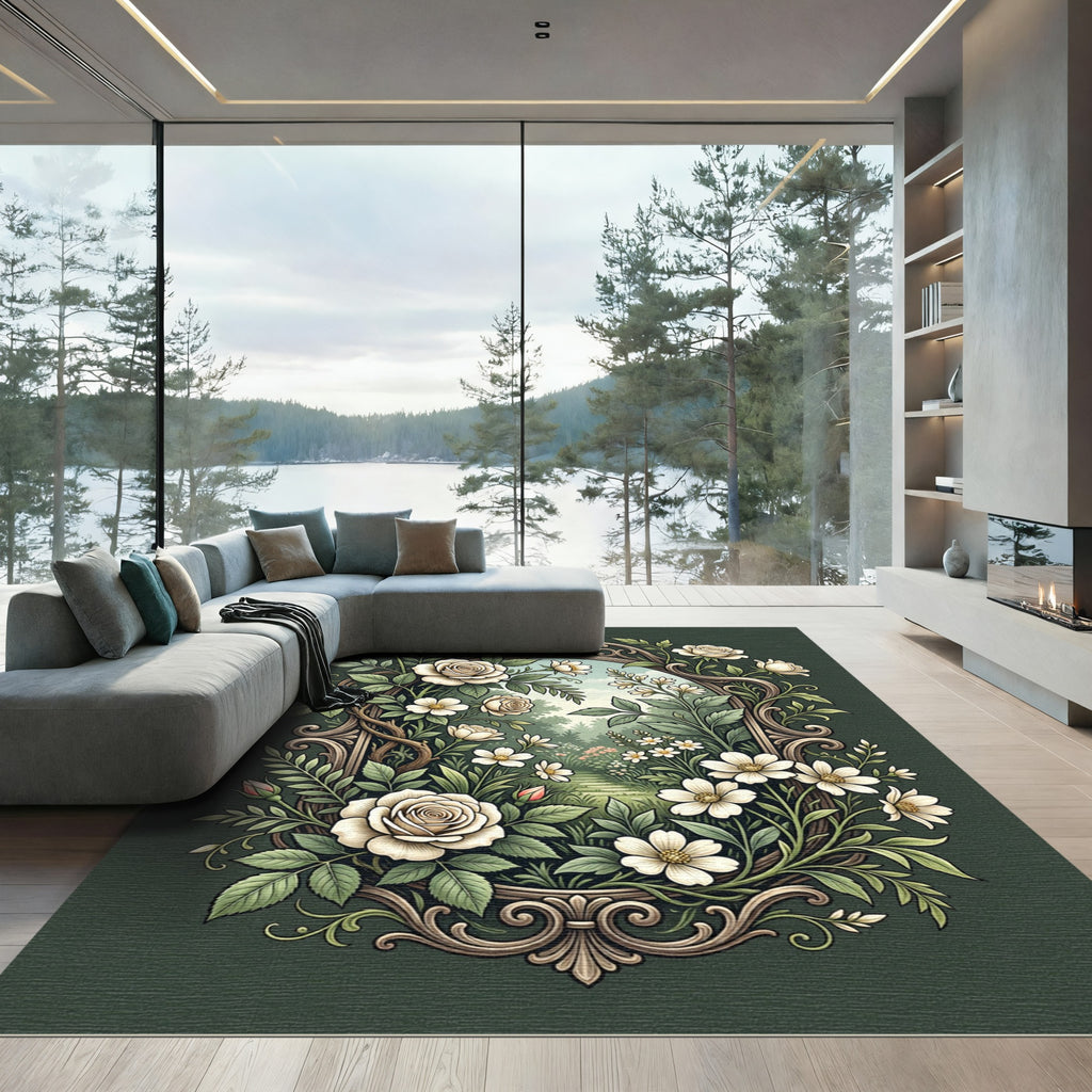 Elegant Cream Rose Filigree Floral Border Rug