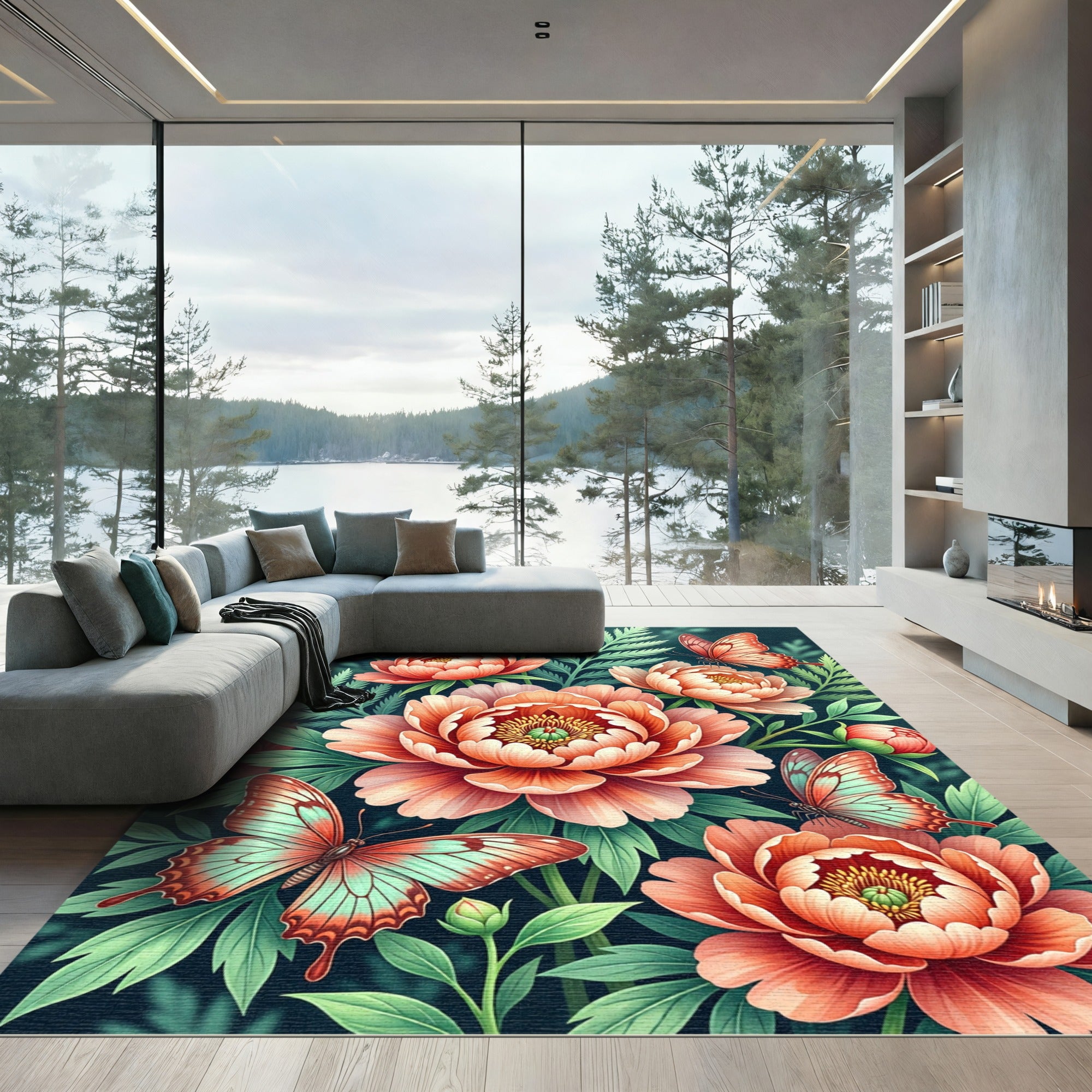 Coral Peony Butterfly Garden Rug