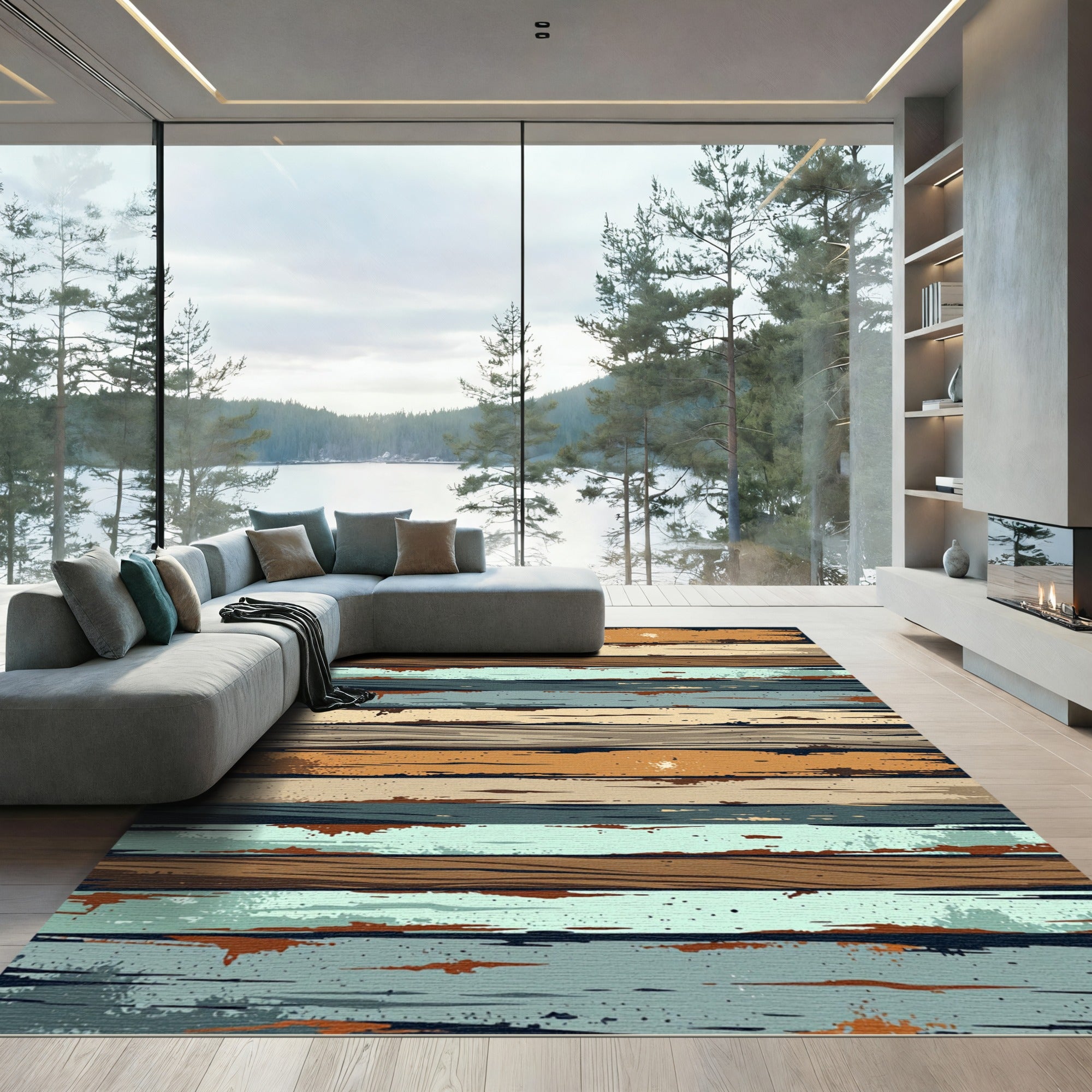 Distressed Wood Stripe Multicolor Shabby Rug