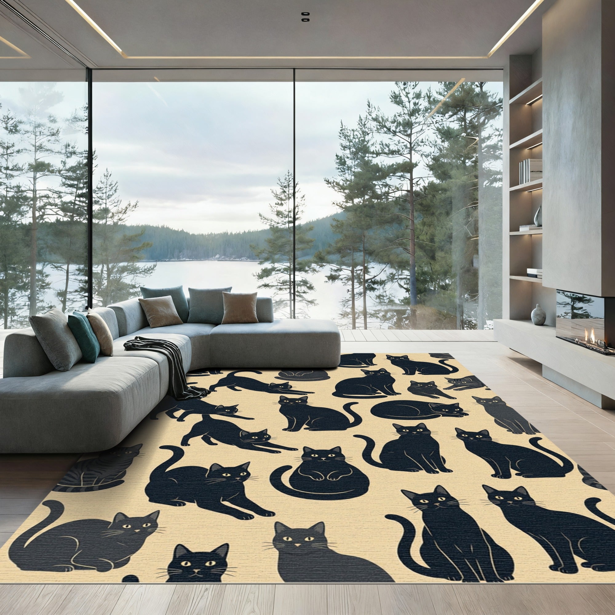 Whimsical Black Cat Graphic Illustration Rug