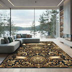 Ornate Gold Black Leaf Scrollwork Rug
