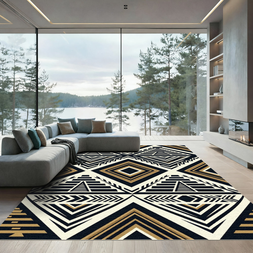 Monochrome Gold Mayan Pyramid Geometric Rug