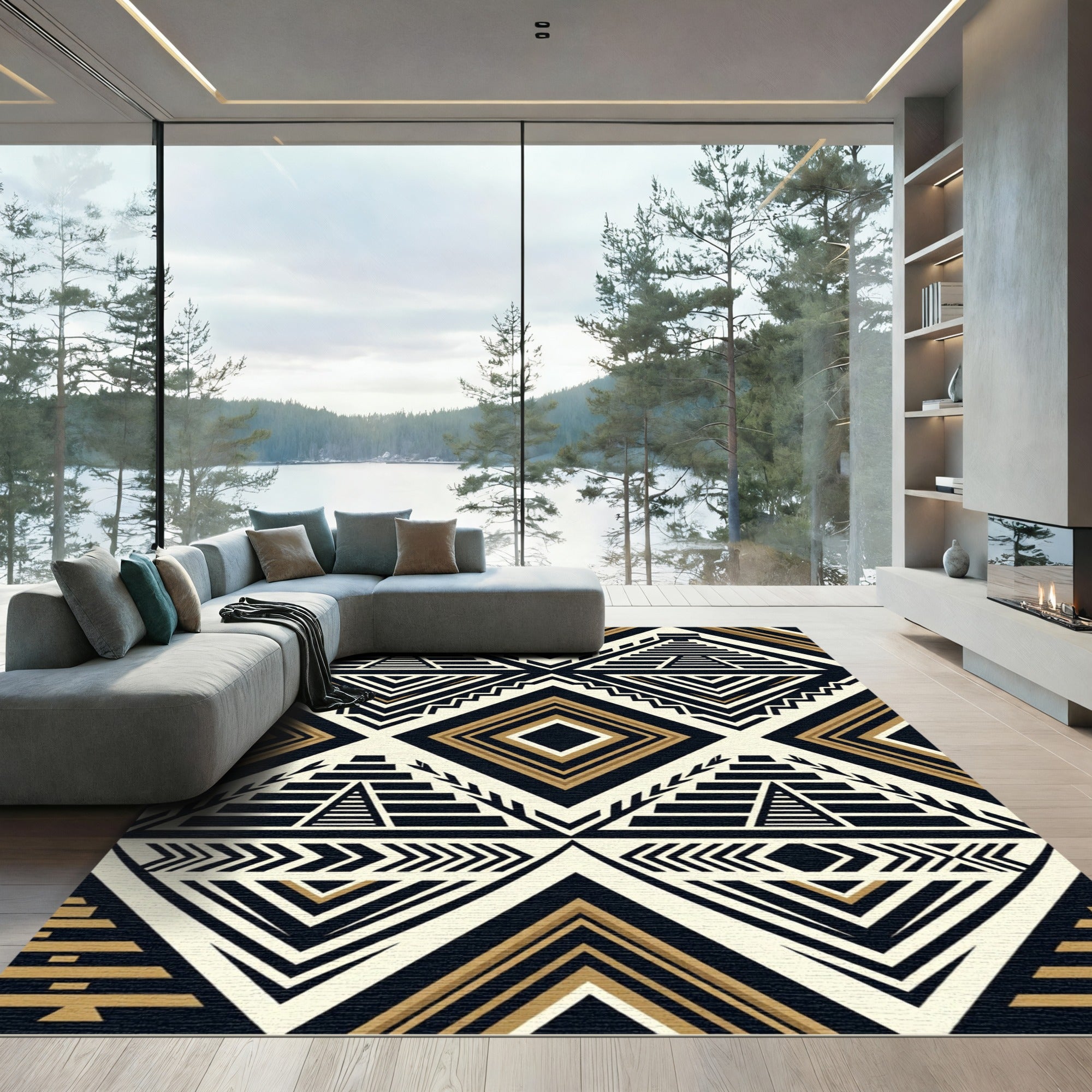 Monochrome Gold Mayan Pyramid Geometric Rug