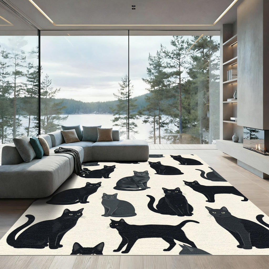 Minimalist Charcoal Black Cat Silhouette Rug