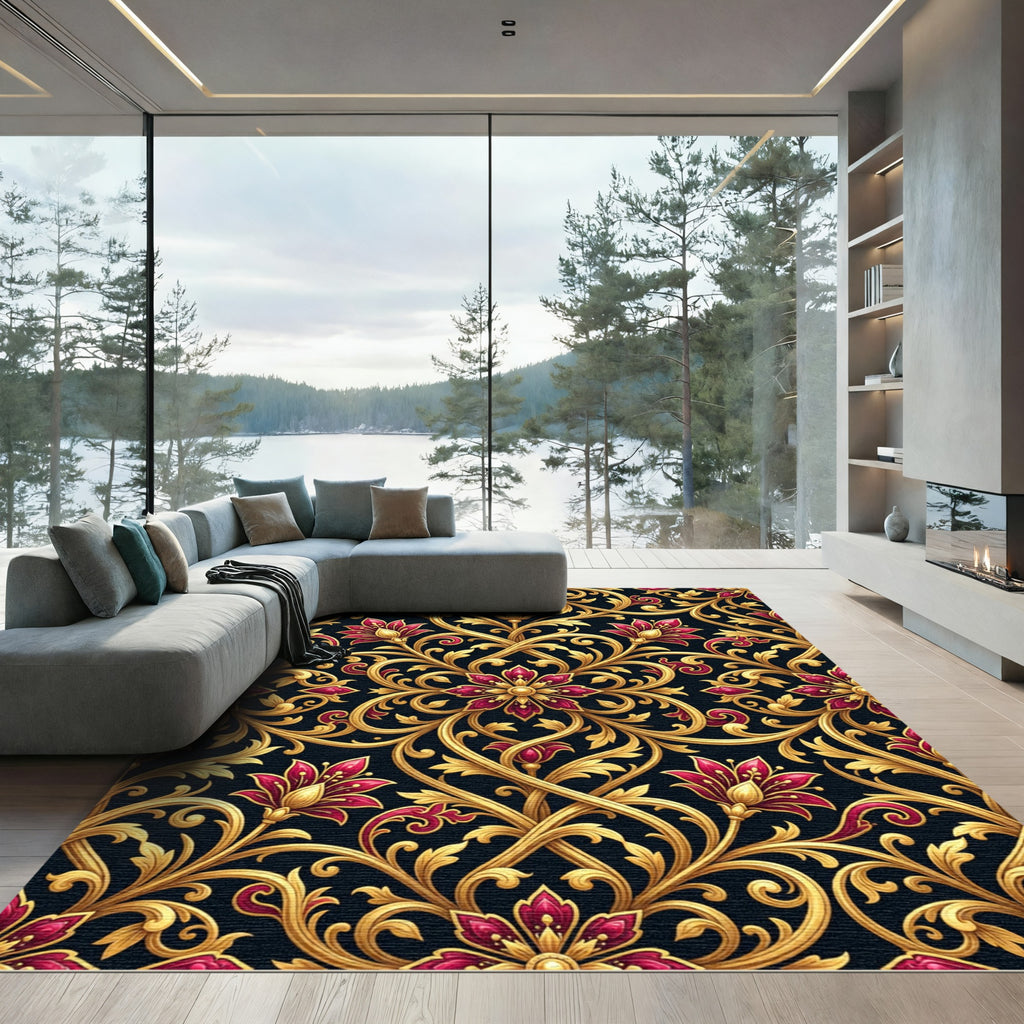Royal Crimson Gold Floral Vine Rug