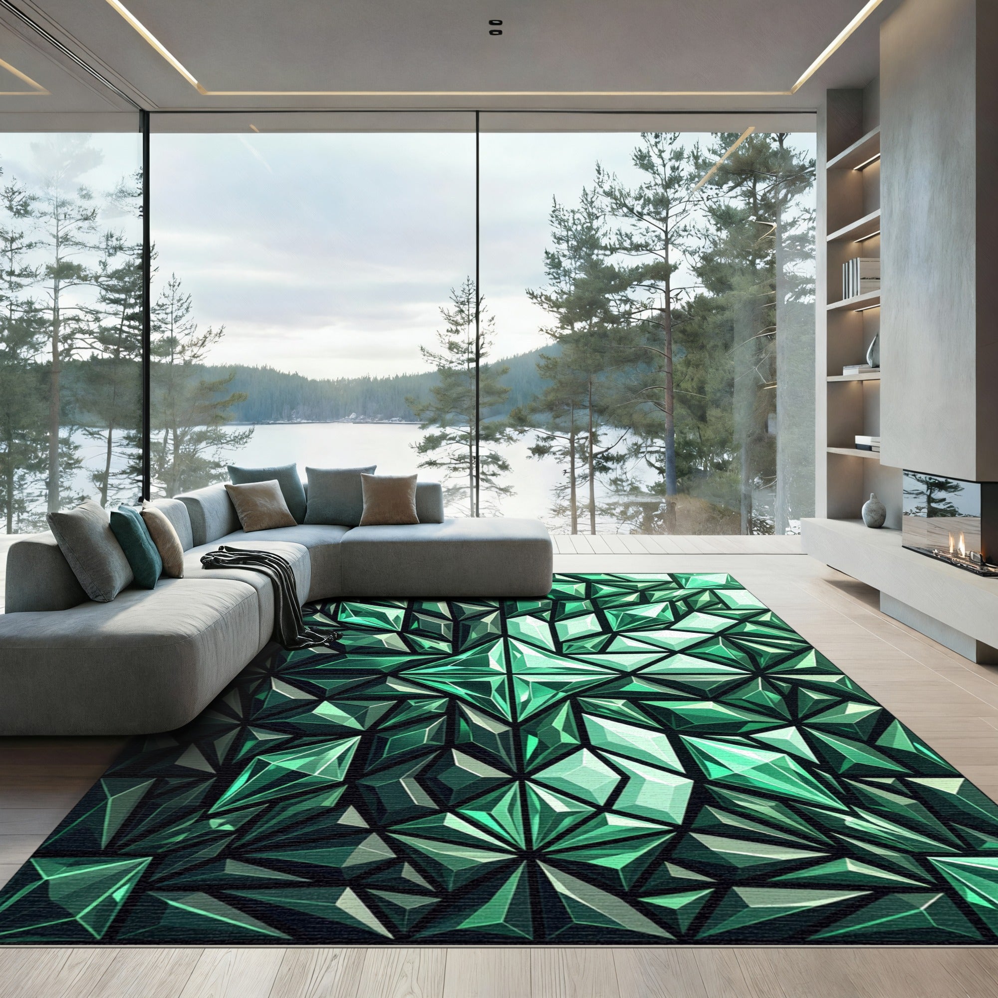 Emerald Faceted Gemstone Geometric Rug