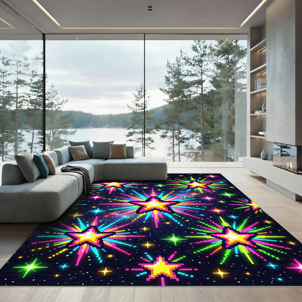 Vibrant Neon Pixel Star Cosmic Sky Rug