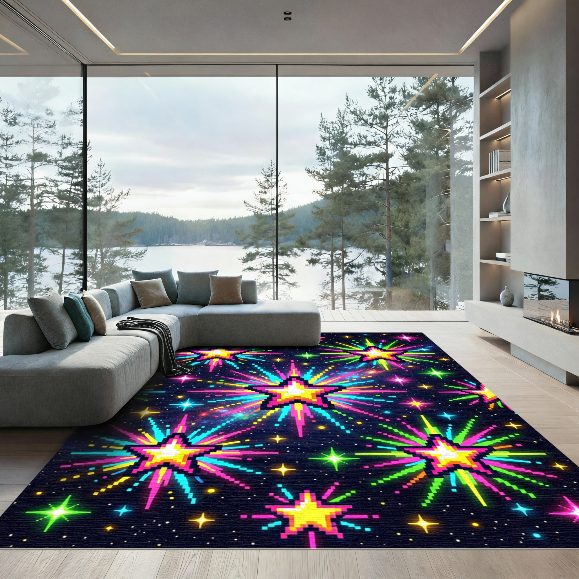 Vibrant Neon Pixel Star Cosmic Sky Rug