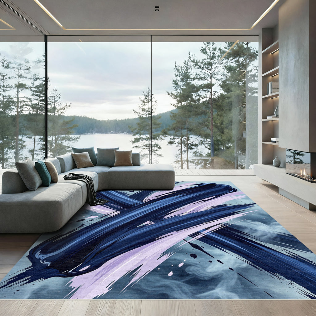 Abstract Navy and Lavender Sweep Rug