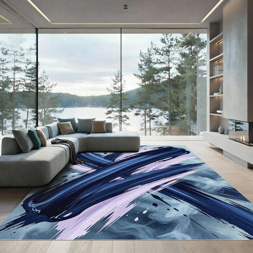 Abstract Navy and Lavender Sweep Rug