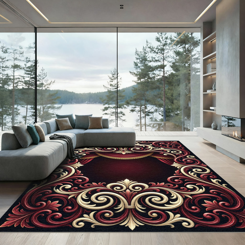 Ornate Crimson Gold Baroque Scrollwork Rug