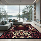 Ornate Crimson Gold Baroque Scrollwork Rug