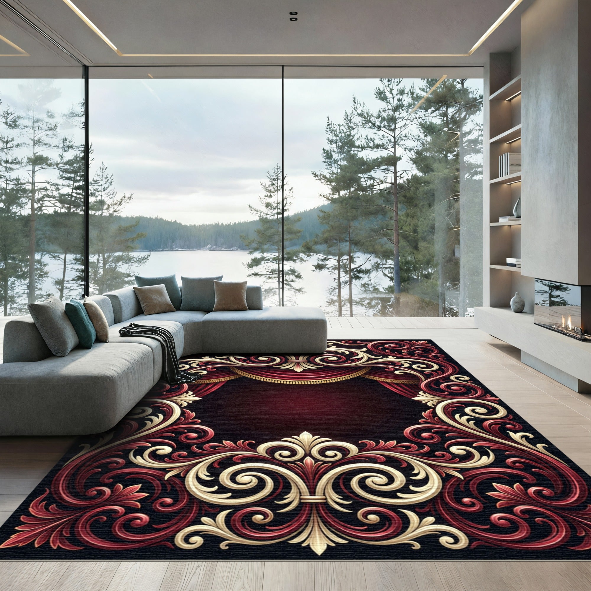Ornate Crimson Gold Baroque Scrollwork Rug