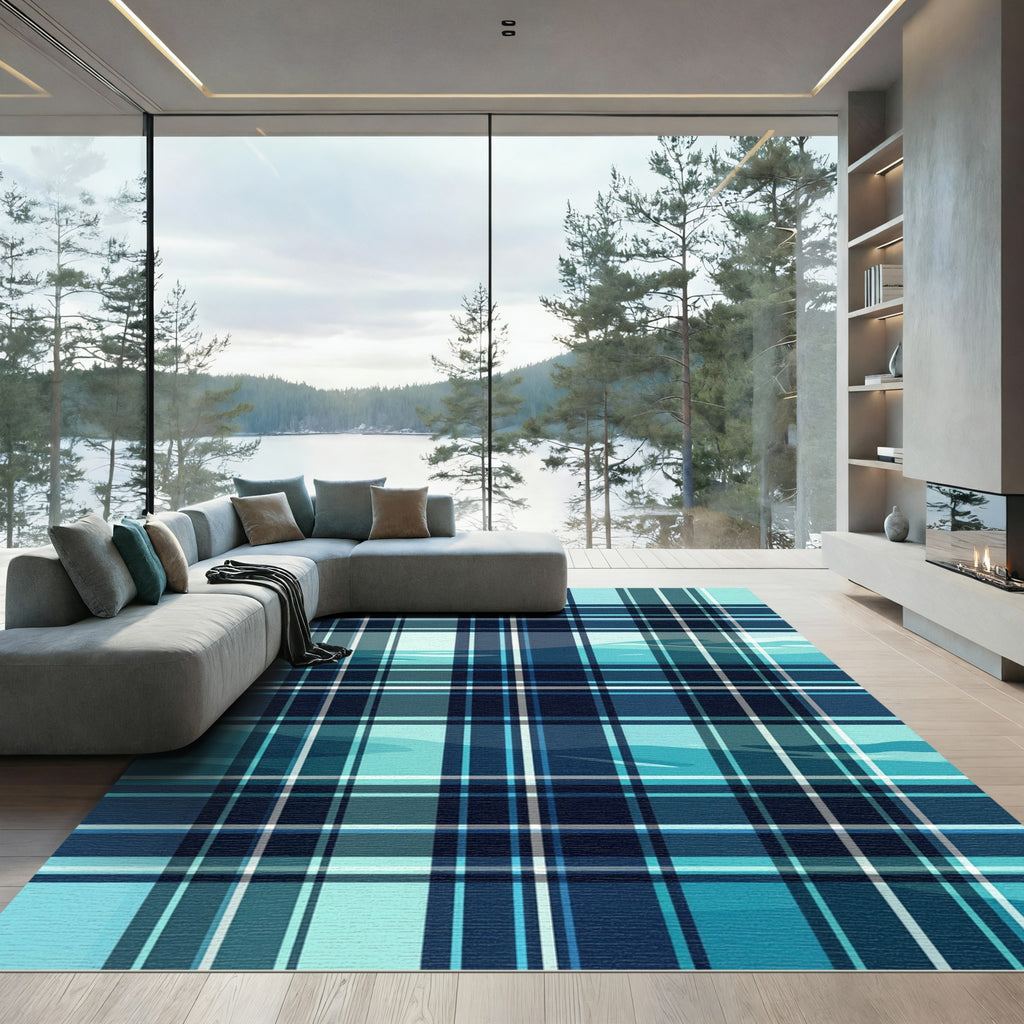 Modern Aquatic Blue Grid Plaid Rug