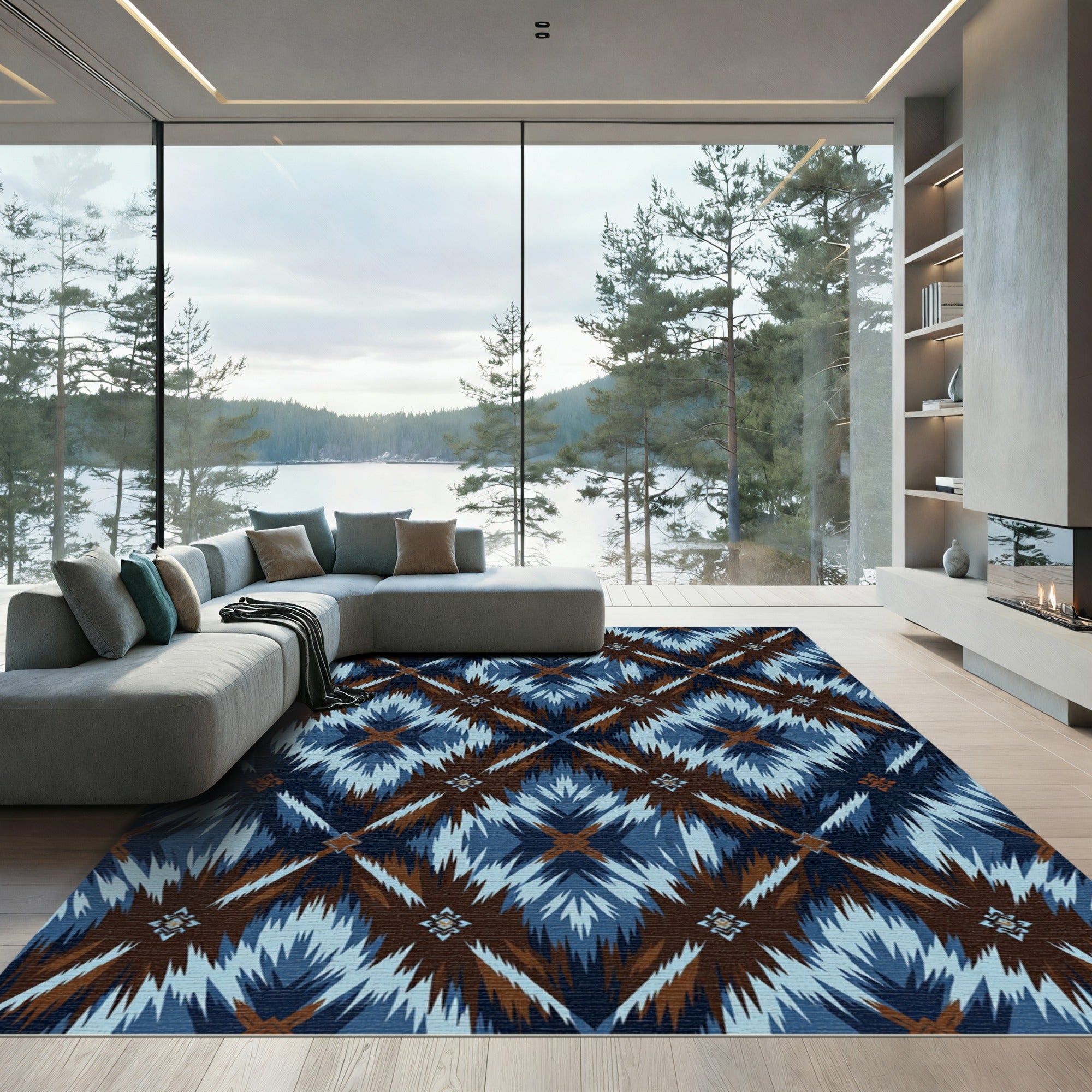 Indigo and Copper Ikat Diamond Grid Rug