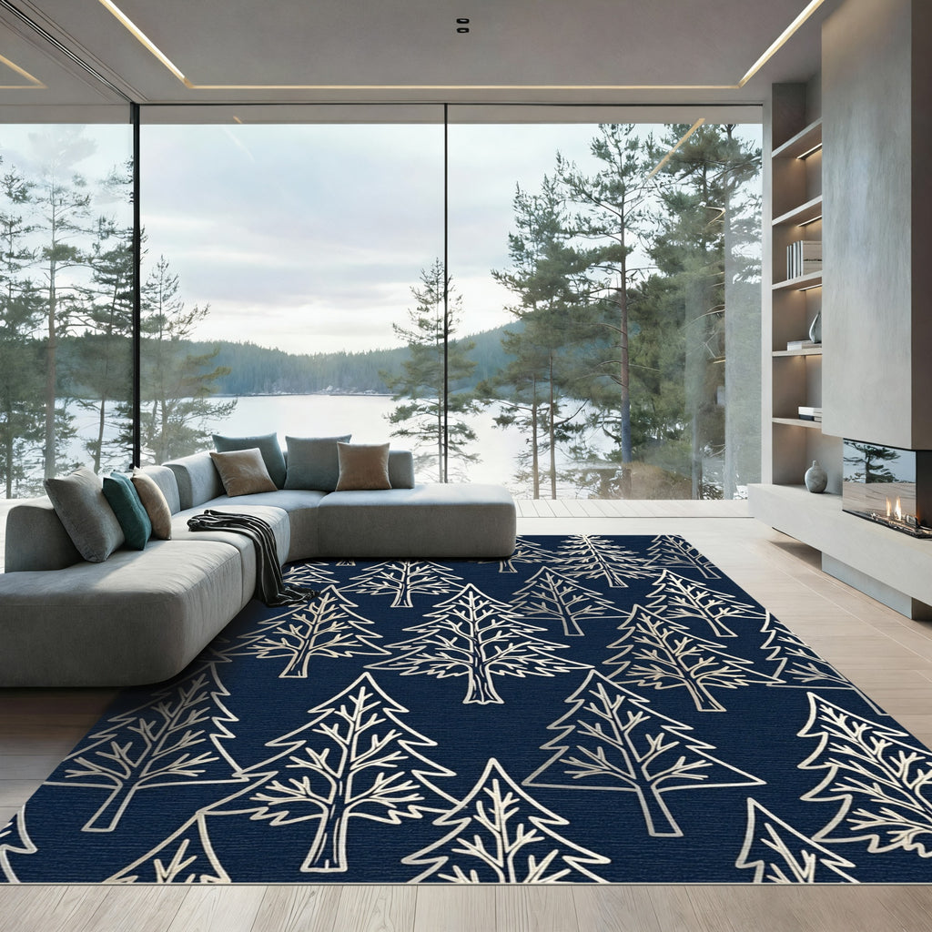 Gold Pine Forest Navy Background Rug