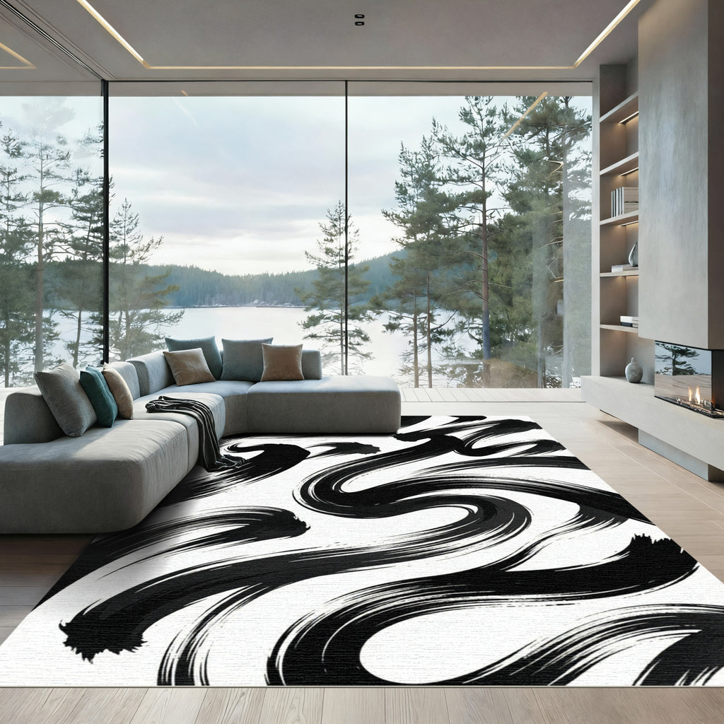 Minimalist Monochrome Black Swirling Ink Strokes Rug