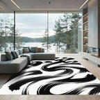 Minimalist Monochrome Black Swirling Ink Strokes Rug