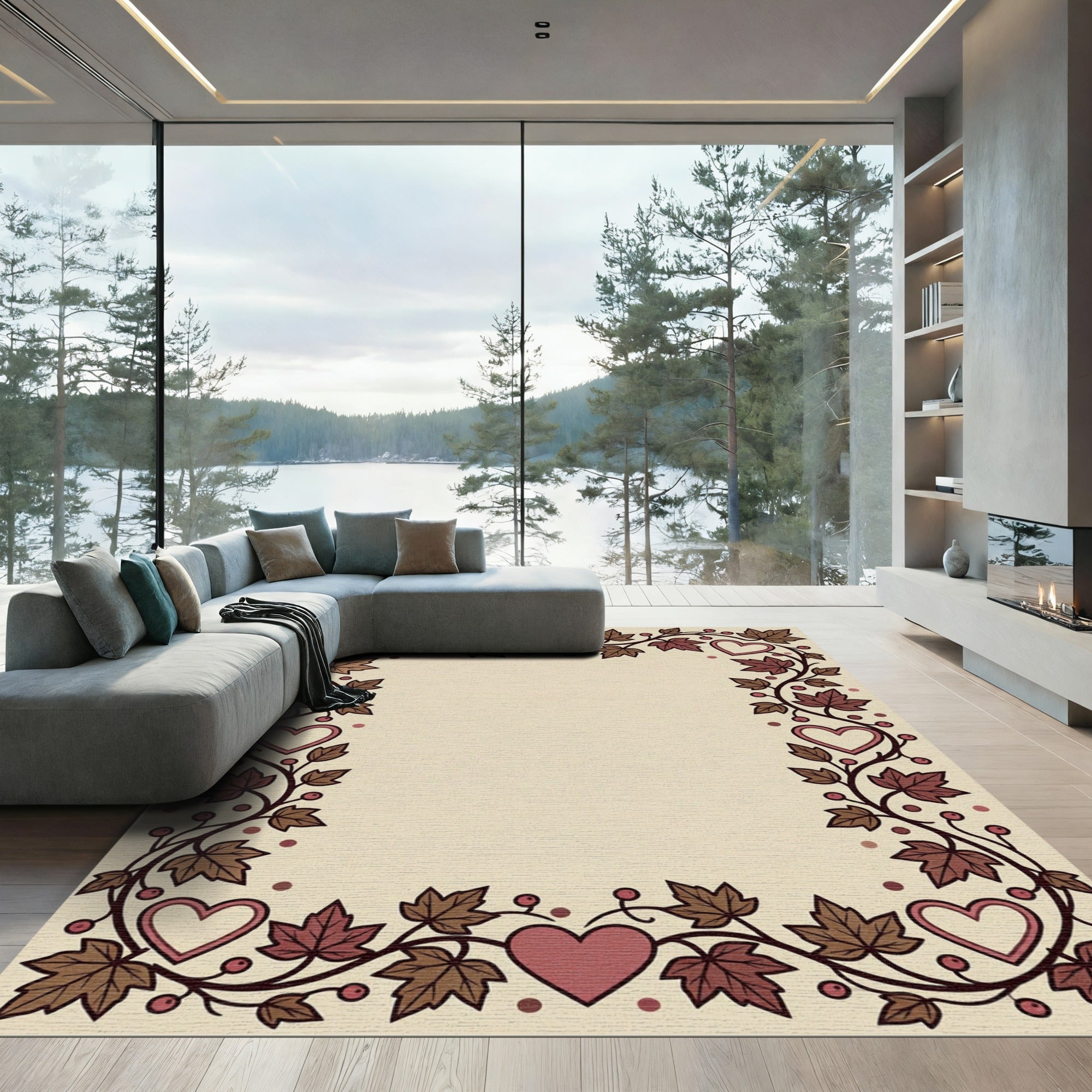 Crimson Hearts Autumn Leaves Border Rug