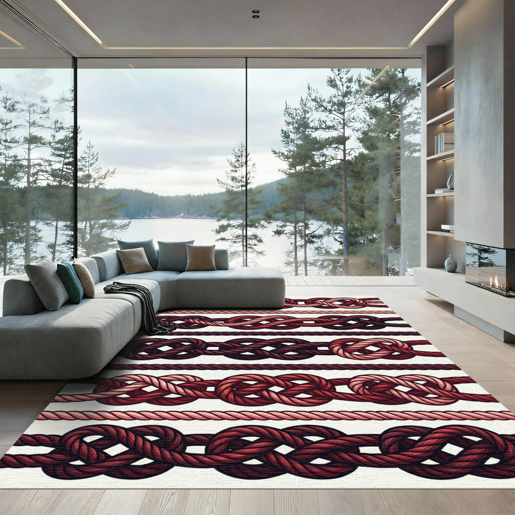 Red Rope Knot Nautical Stripes Rug