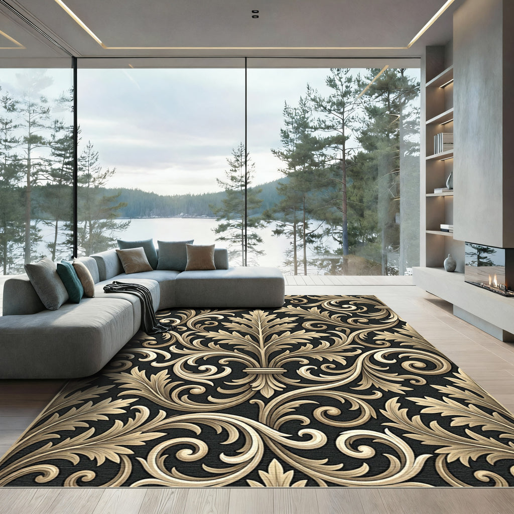 Gold Acanthus Swirl Damask Rug