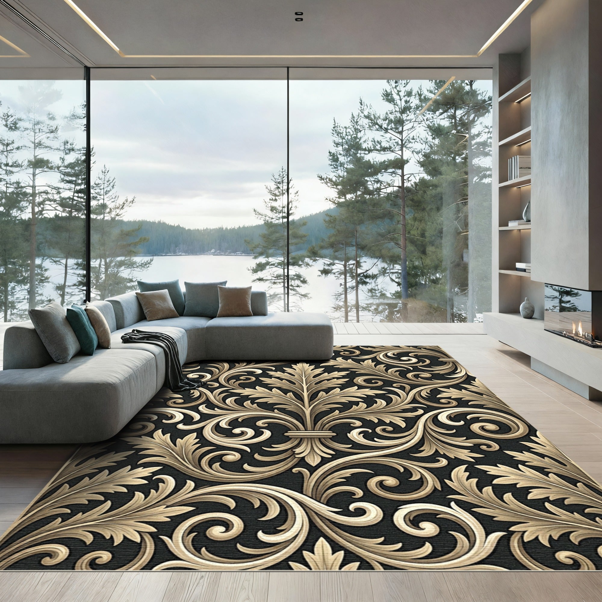 Gold Acanthus Swirl Damask Rug
