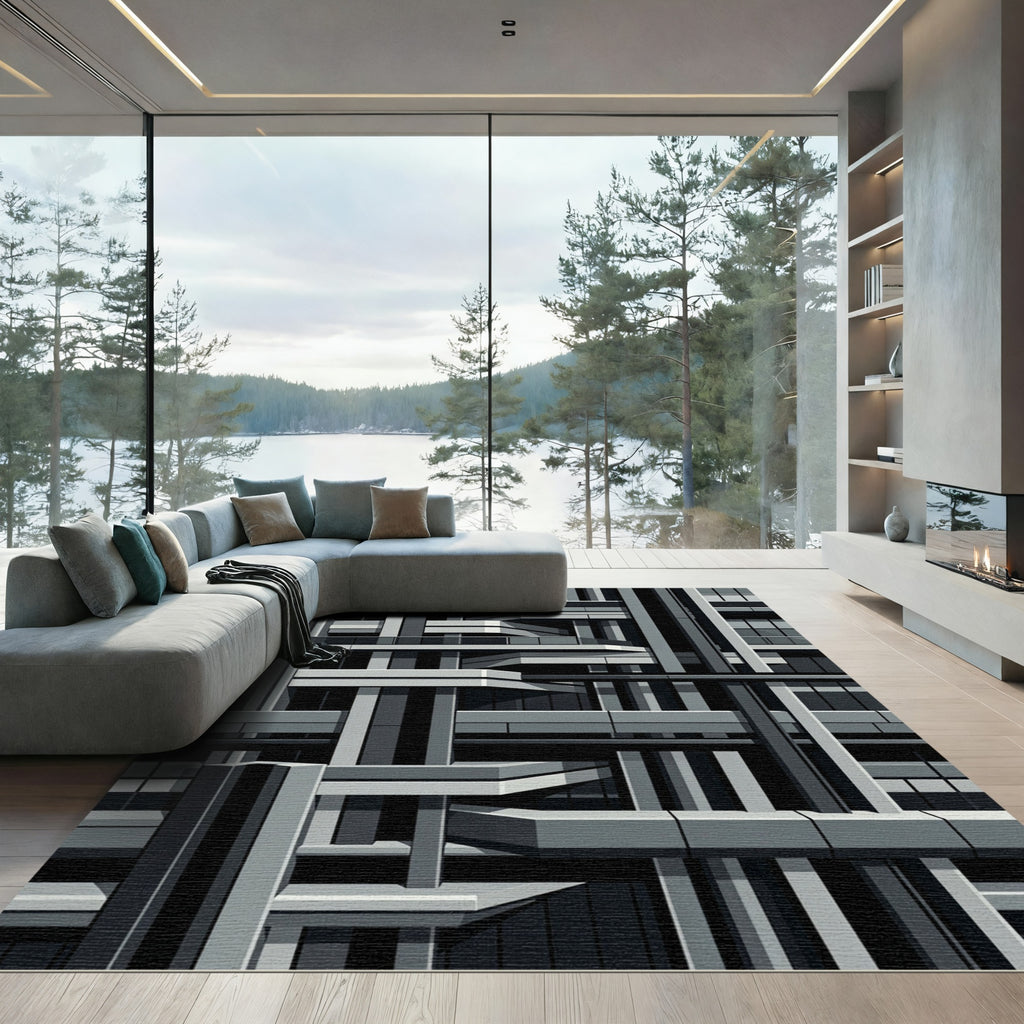 Monochromatic Geometric Architectural Grid Rug