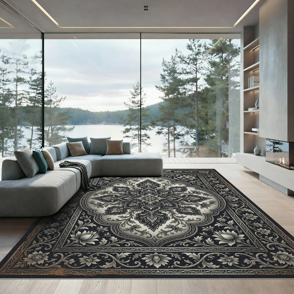 Ornate Black and White Floral Medallion Rug
