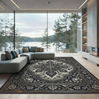 Ornate Black and White Floral Medallion Rug