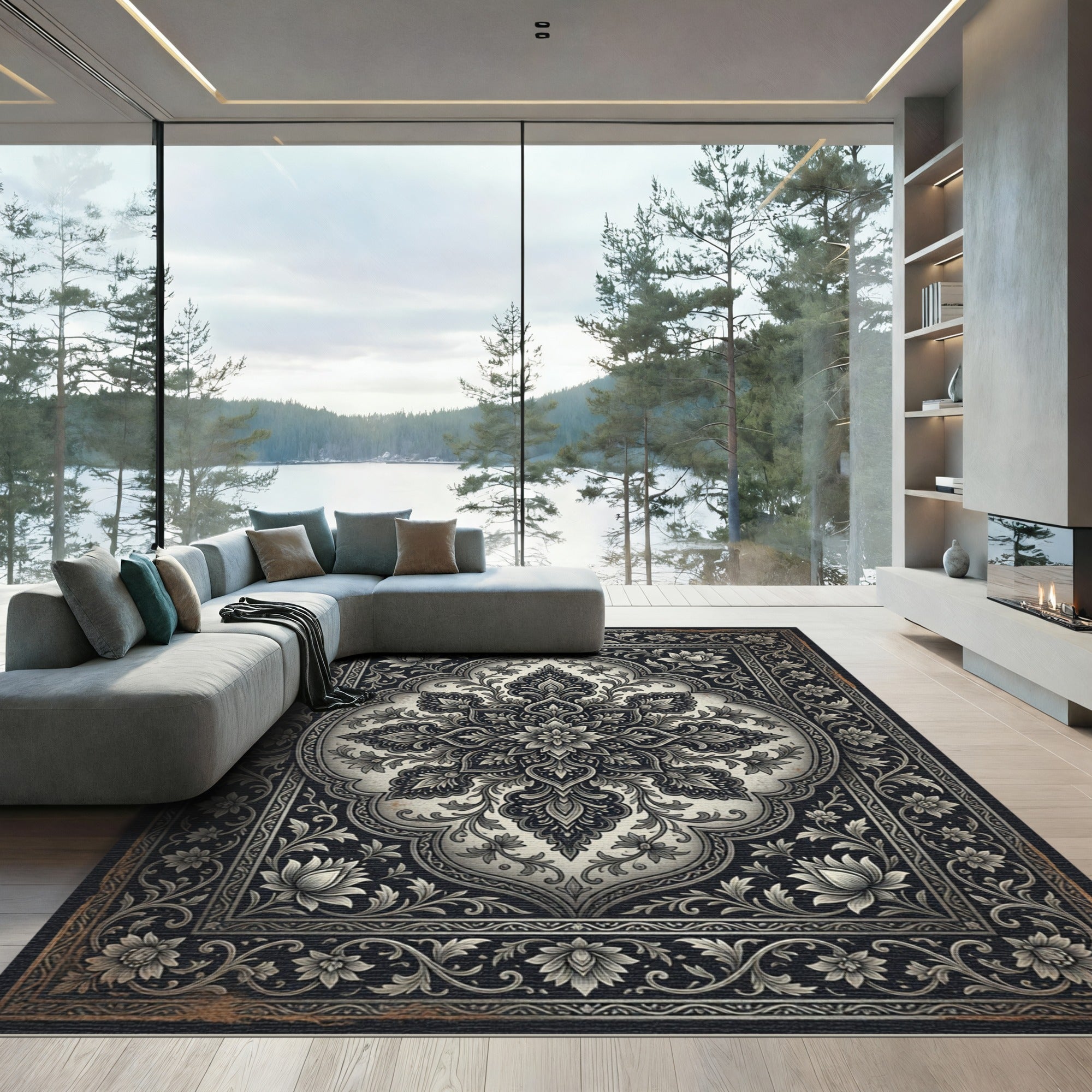 Ornate Black and White Floral Medallion Rug