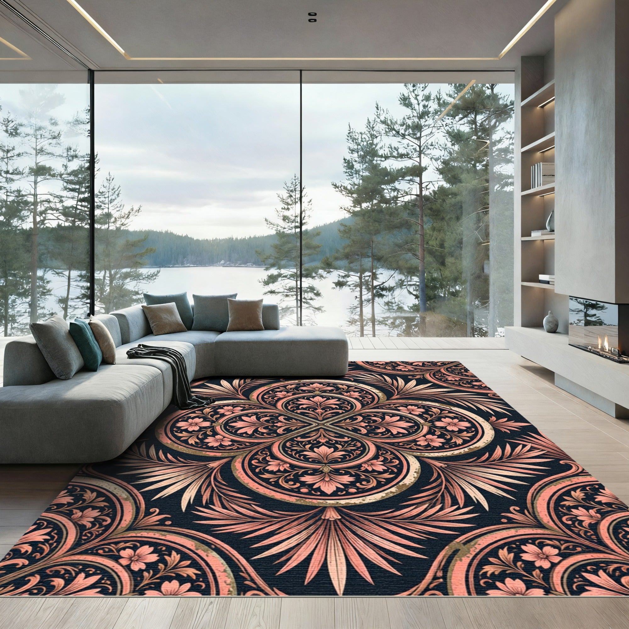 Coral Floral Medallion Dark Grand Rug
