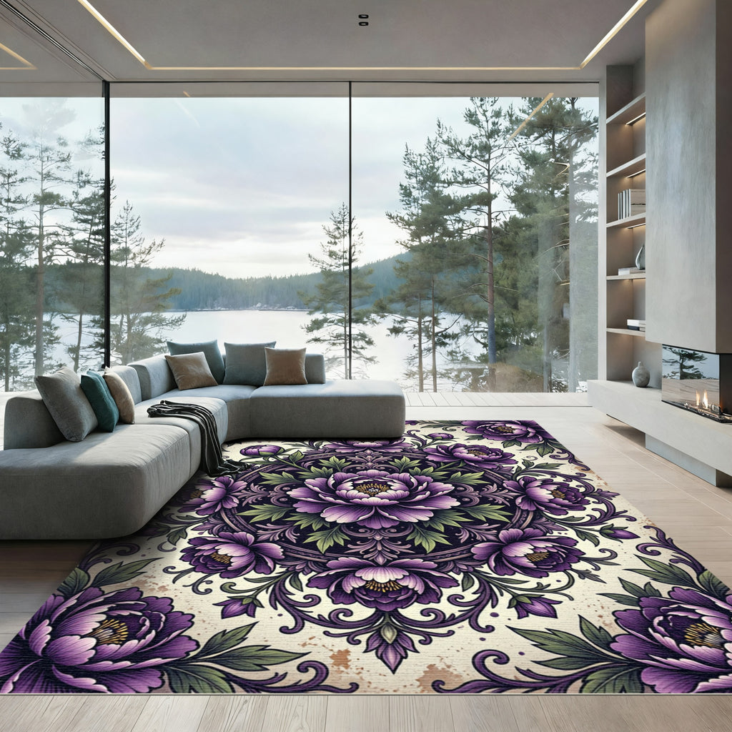 Royal Purple Peony Floral Mandala Rug