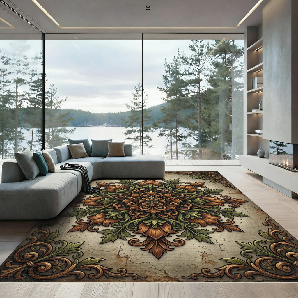 Elegant Earthy Toned Baroque Foliage Medallion Rug