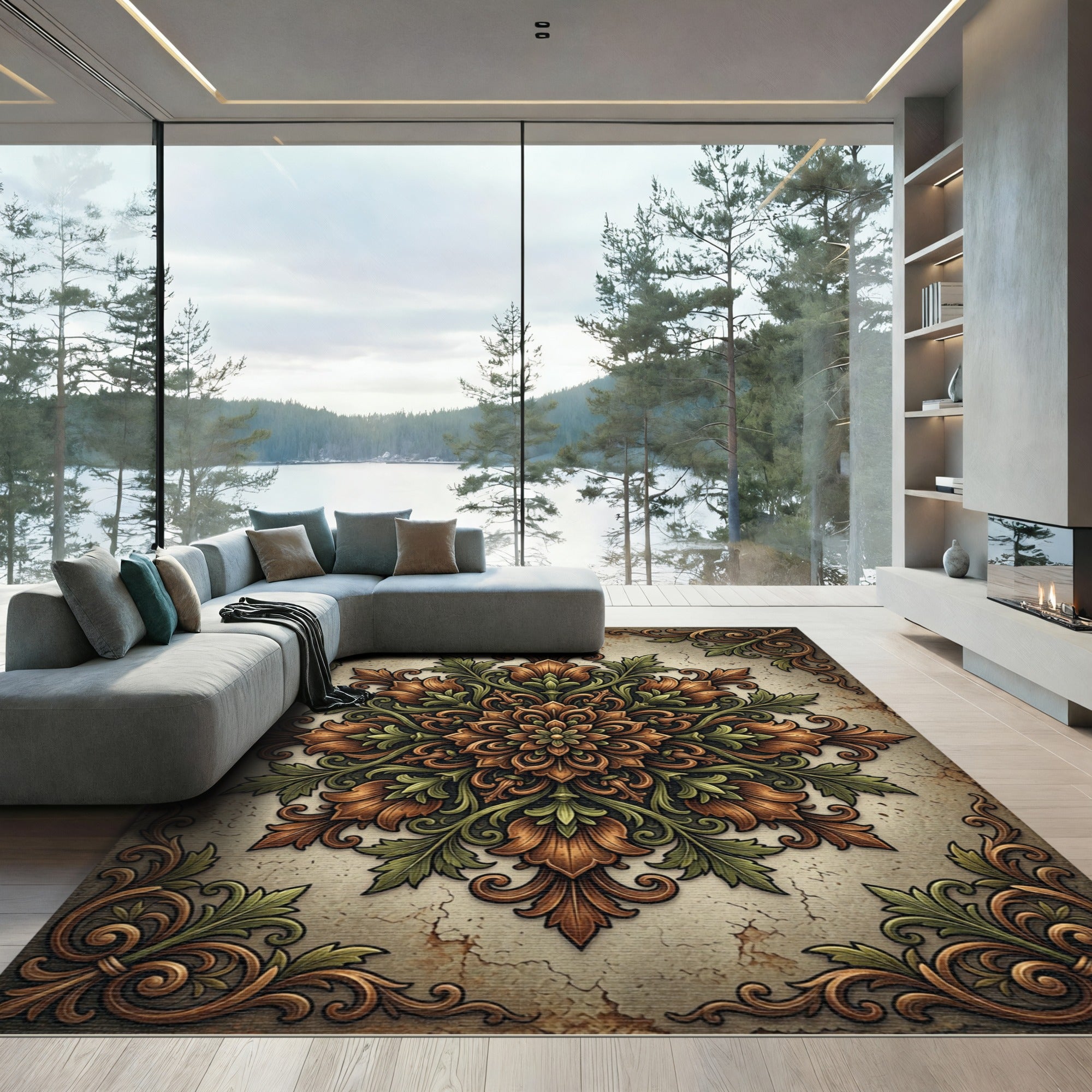 Elegant Earthy Toned Baroque Foliage Medallion Rug
