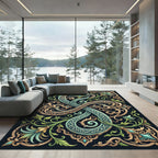 Ornate Teal Golden Floral Scroll Rug
