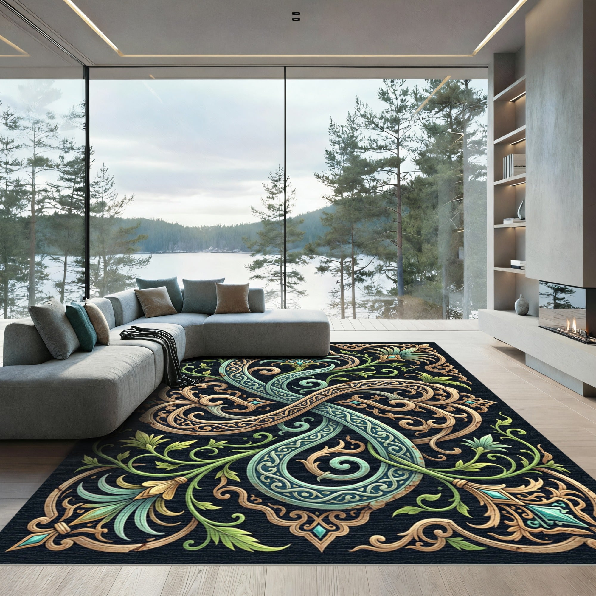 Ornate Teal Golden Floral Scroll Rug