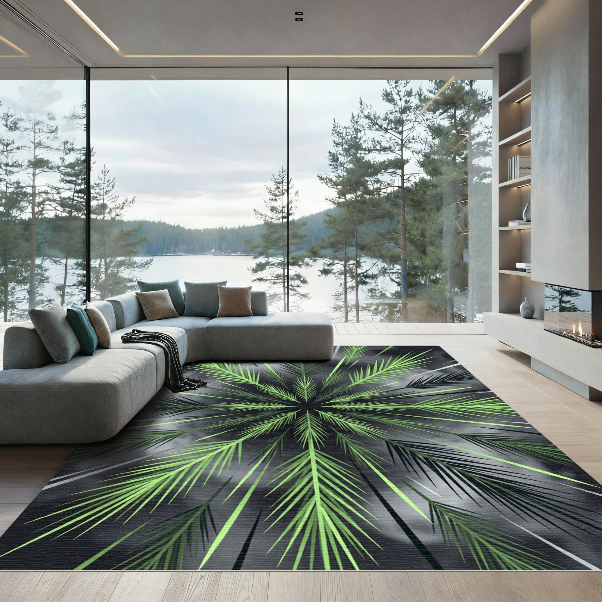 Lush Green Tropical Fern Starburst Rug