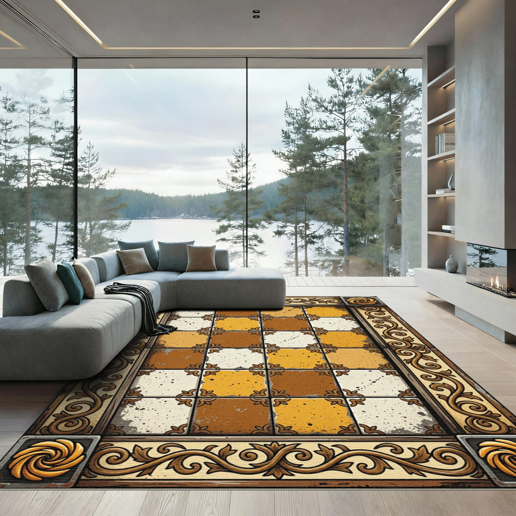 Ornate Tan and Brown Checkerboard Tile Rug