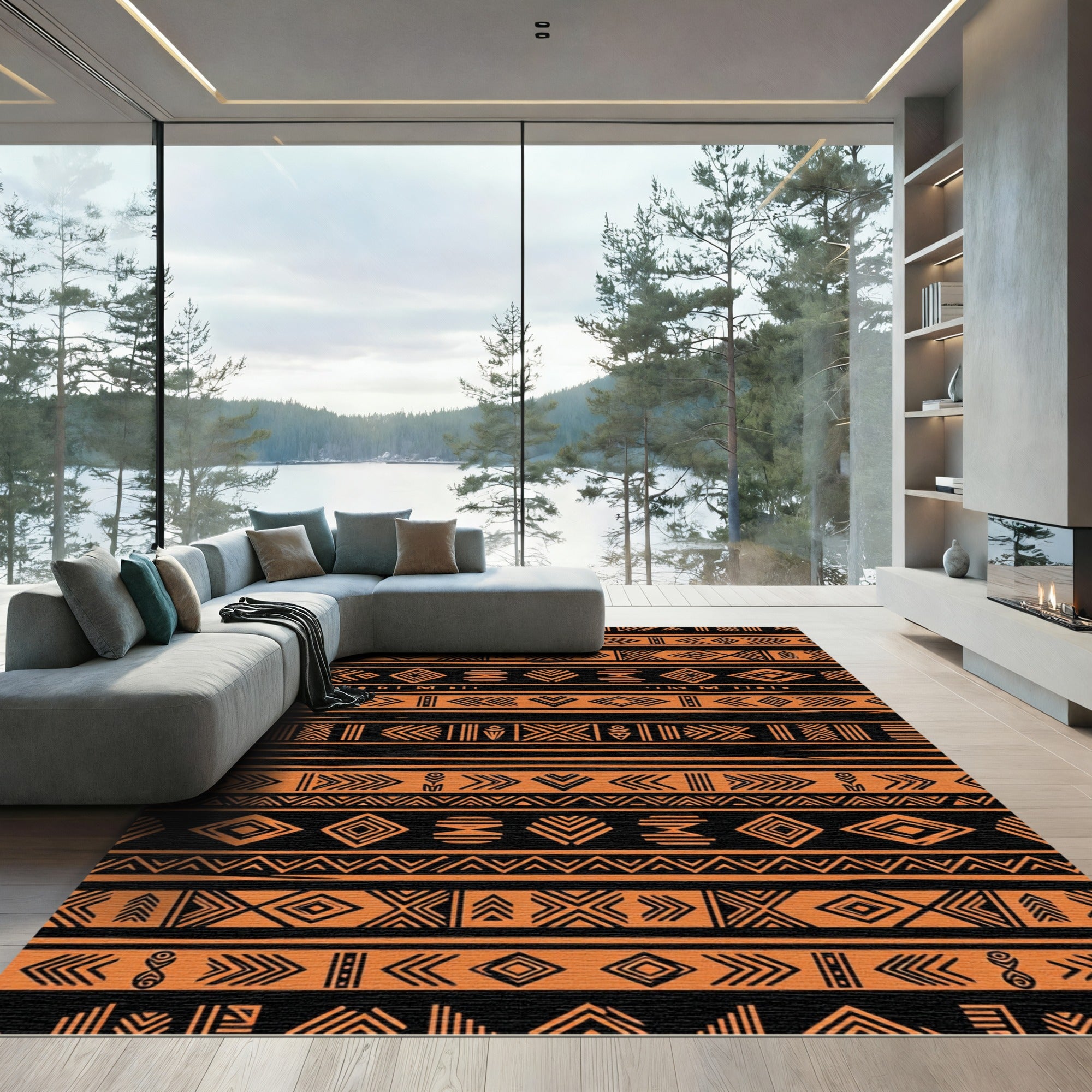 Bold Black and Orange Tribal Geometry Rug