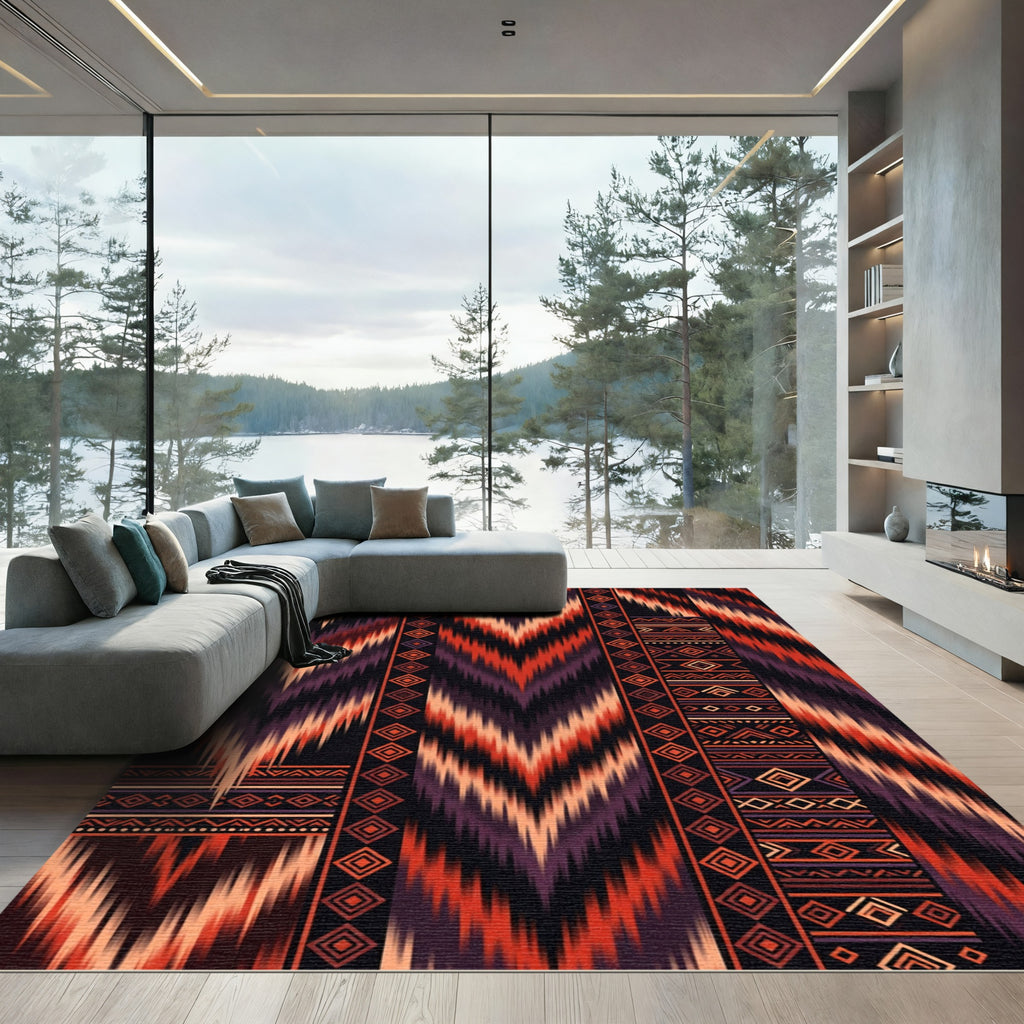 Crimson Amber Tribal Chevron Rug