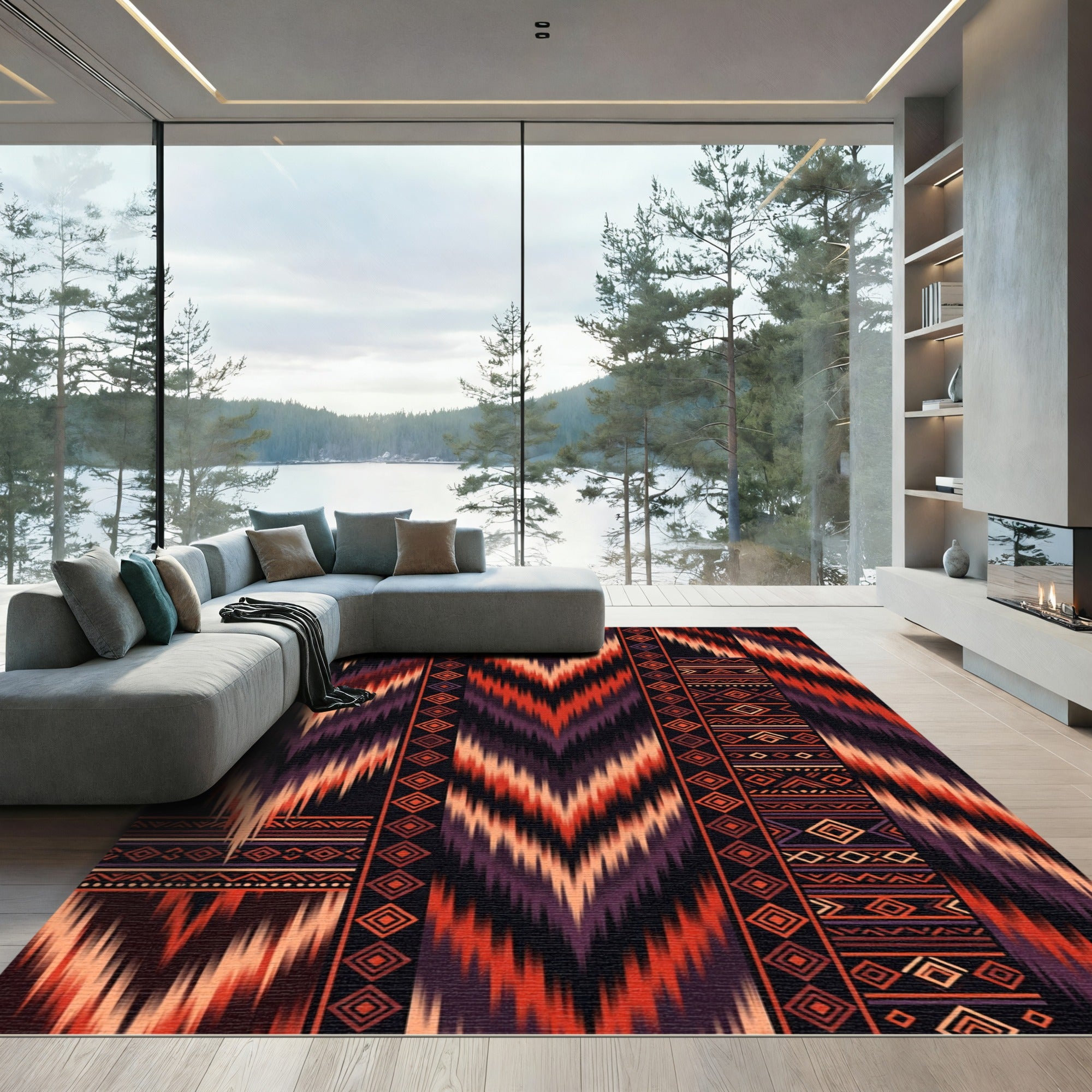 Crimson Amber Tribal Chevron Rug